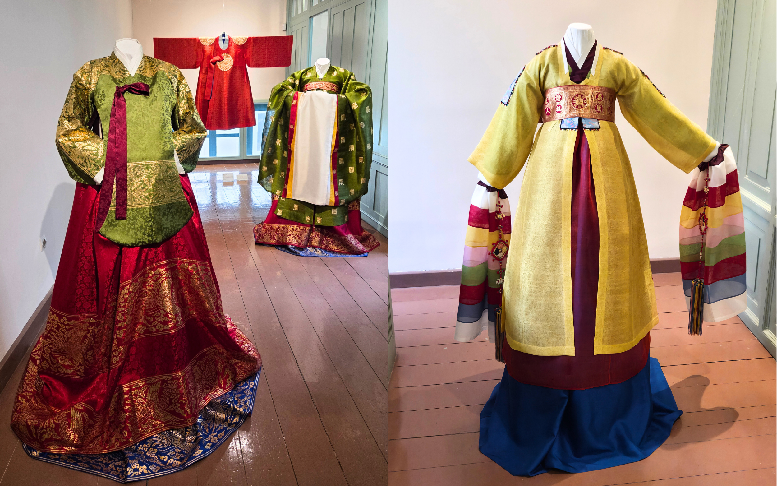Left: Dang-ui (women’s semi-formal jacket), Gonryongpo (royal dragon robe) and Nok-wonsam il-seup (princess’ ceremonial robe). Right: Yeoryeong boksik il-seup, a female court dancer’s attire (by Koreaculture.gr)