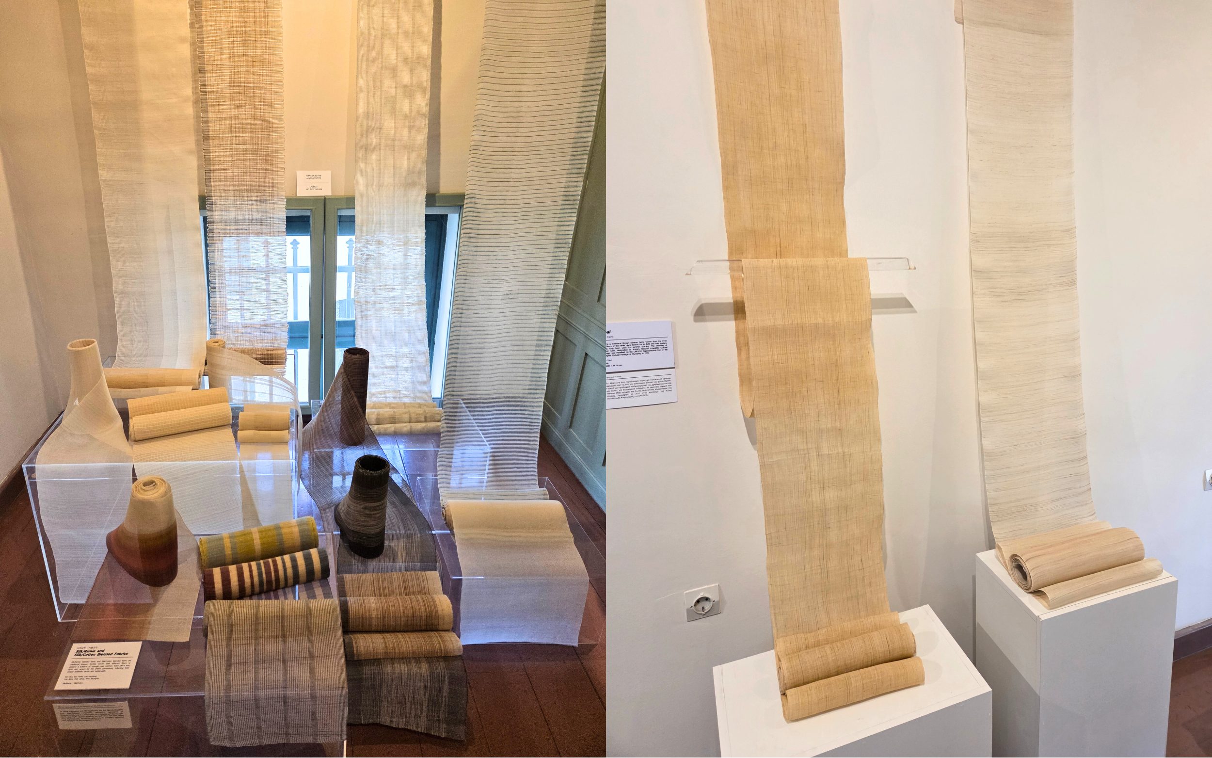 Left: silk/ramie and silk/cotton blended fabrics. Right: Mosi, a traditional ramie fabric (by Koreaculture.gr)