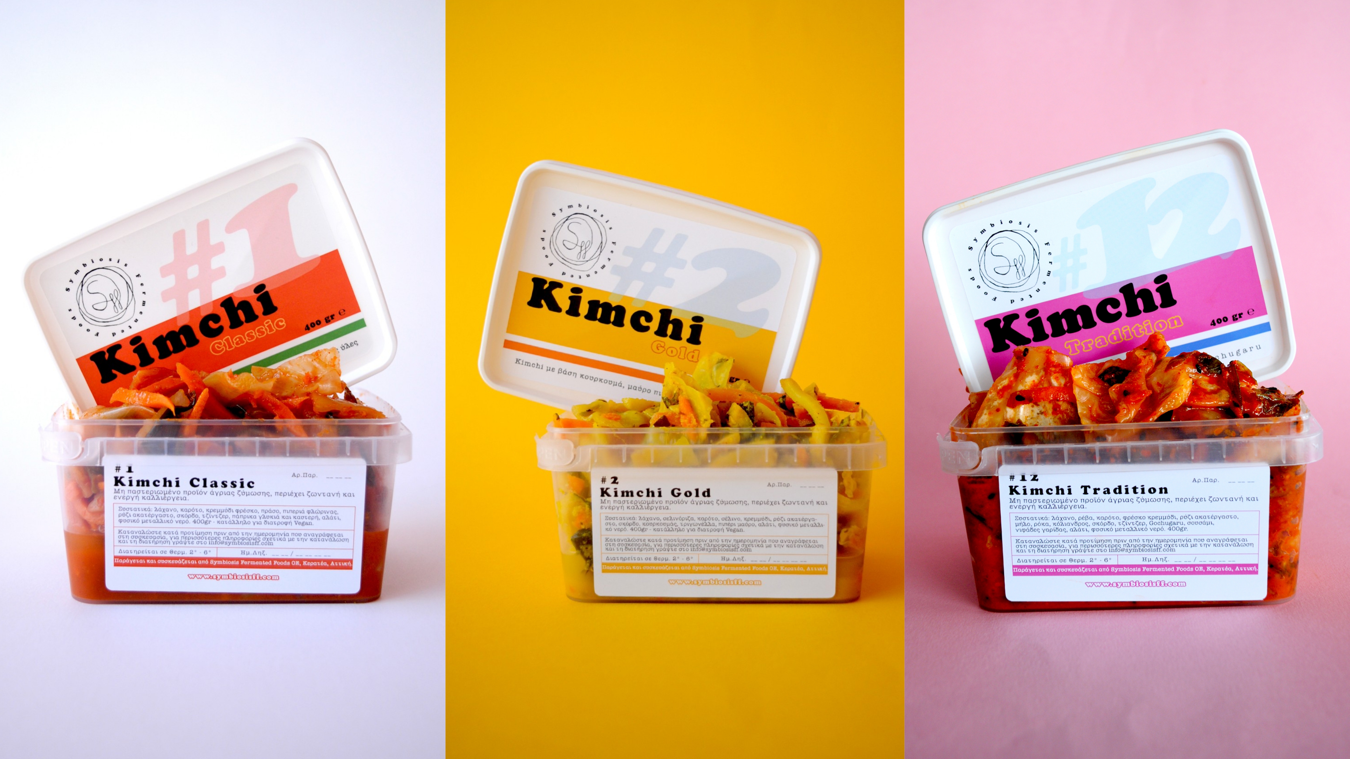 (from left to right) Kimchi Classic, Kimchi Gold and Kimchi Tradition, some of the SFF products (by Symbiosis Fermented Foods).